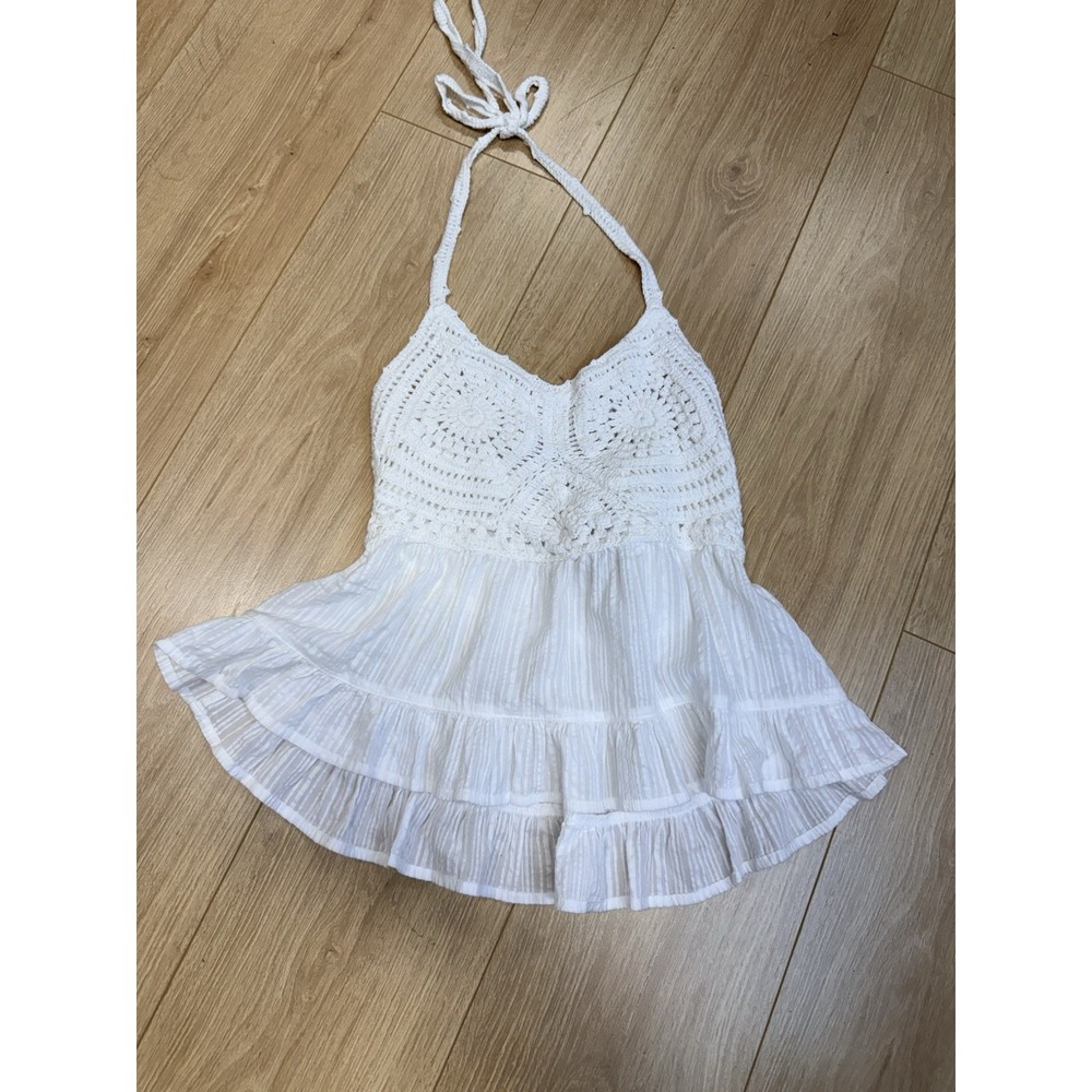 Dizzy Lizzy Women's Small White Crochet Halter Top Boho Ruffled Babydoll Cropped